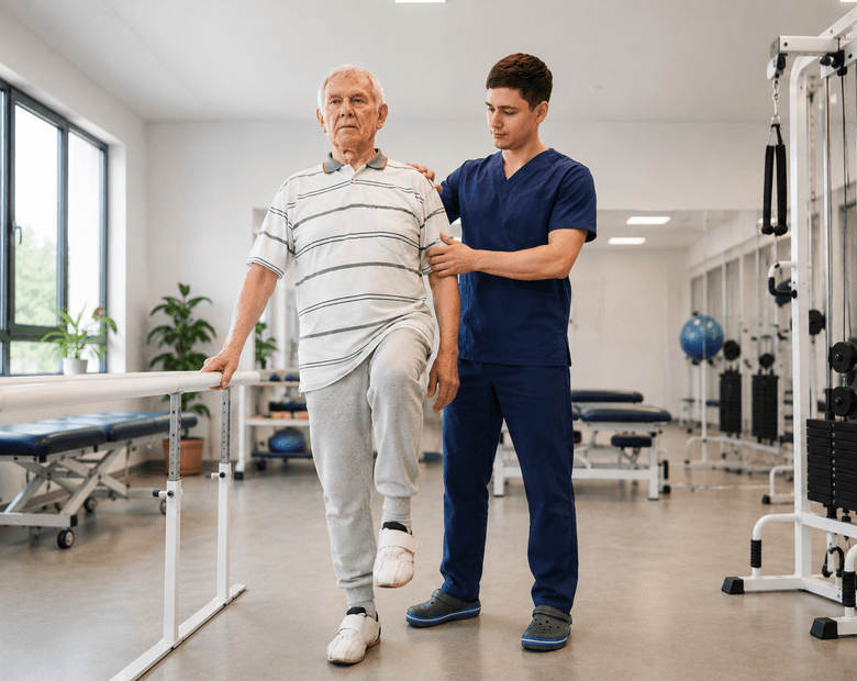 Physical therapist helping an elderly patient with rehabilitation exercises